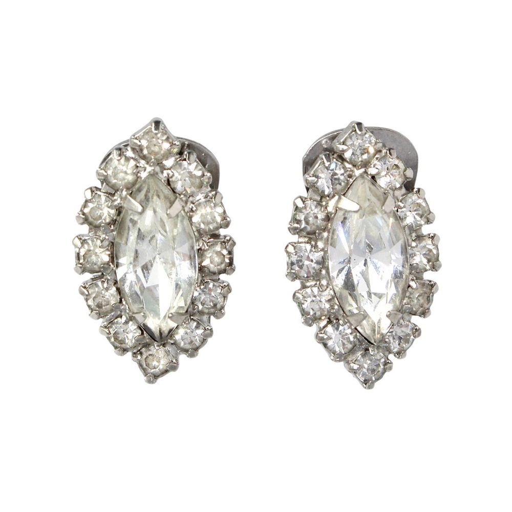 Vintage Marquise Rhinestone Halo Clip On Earrings Silver Tone Large Estate
